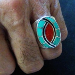 Anello con sigillo Amerindio Navajo in argento turchese e corallo
