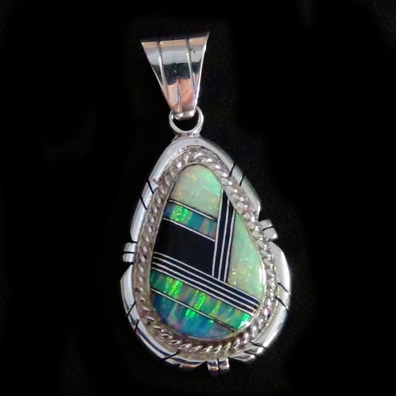Black Jasper and Opal Indian Zuni Sterlingsilver Pendant