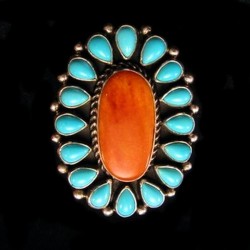 Bague Navajo Turquoise et Spondylus en Argent 925 Pour Femme