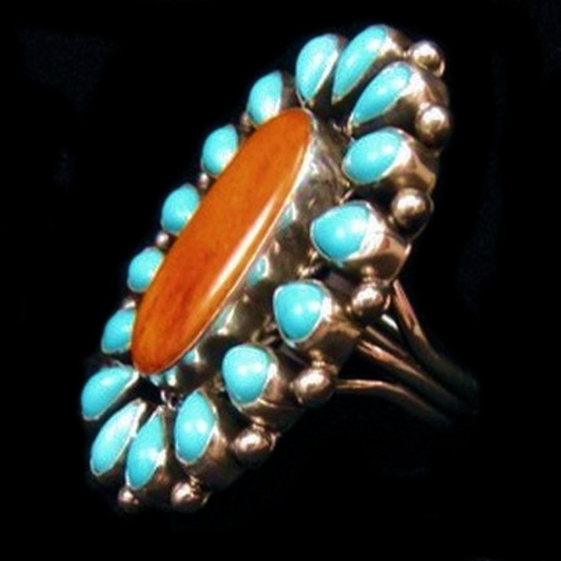 Anillo Navajo Turquesa y Spondylus Para Mujer en Plata 925