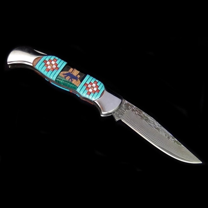 Manico per coltello pieghevole in Accacia, turchese e madreperla