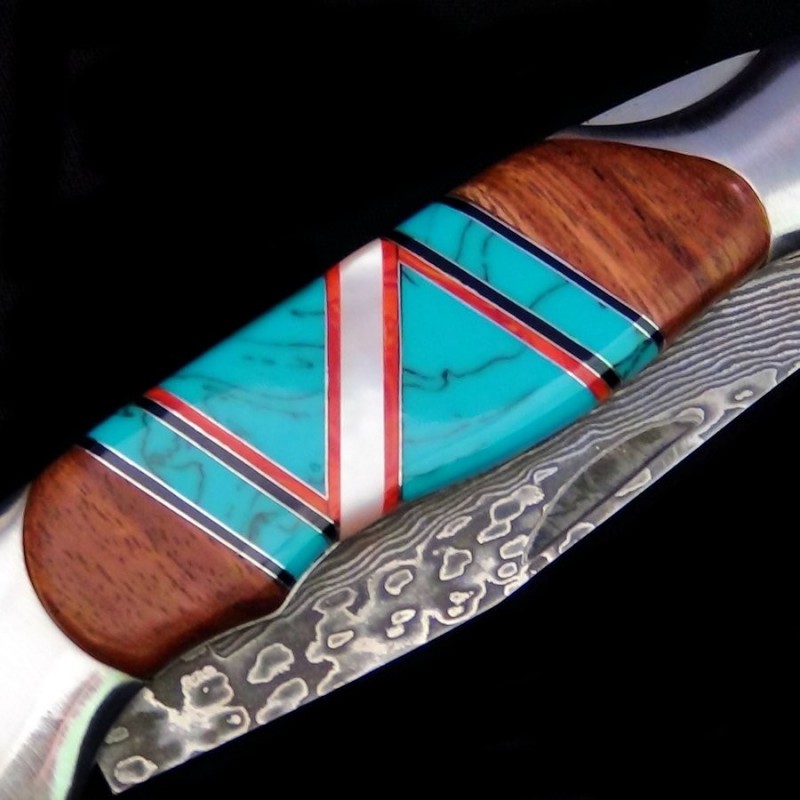 Couteau Pliant Manche en Accacia, Turquoise et Nacre