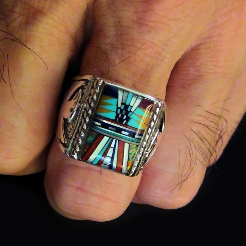 Bague Chevalière Pour Homme en Argent 925 Motif Navajo Indien et Thunderbird Modele 3