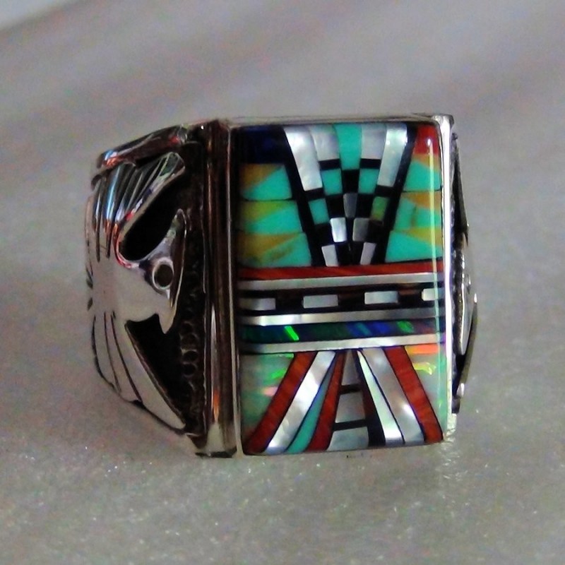Bague Chevalière Pour Homme en Argent 925 Motif Navajo Indien et Thunderbird Modele 3