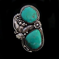 Two Turquoises and Feathers Navajo Sterlingsilver Ring For Woman