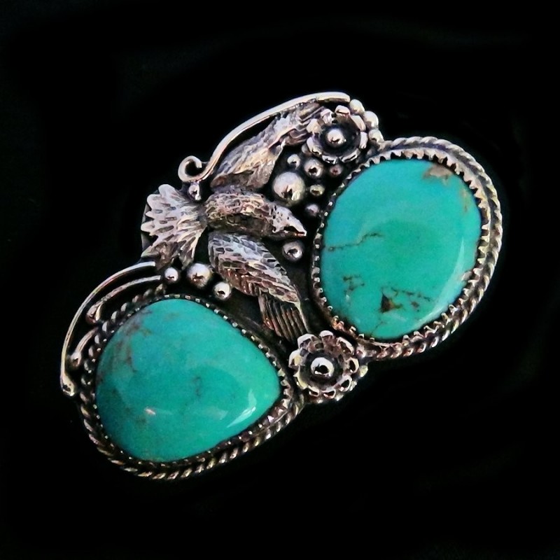 Navajo Ring 2 Türkise und gemeisselte Federn Ring in 925 Silber für Frauen