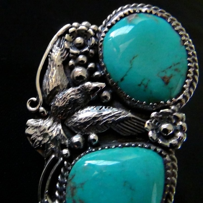 Anillo Navajo 2 turquesa y plumas cinceladas en plata 925 para Mujer