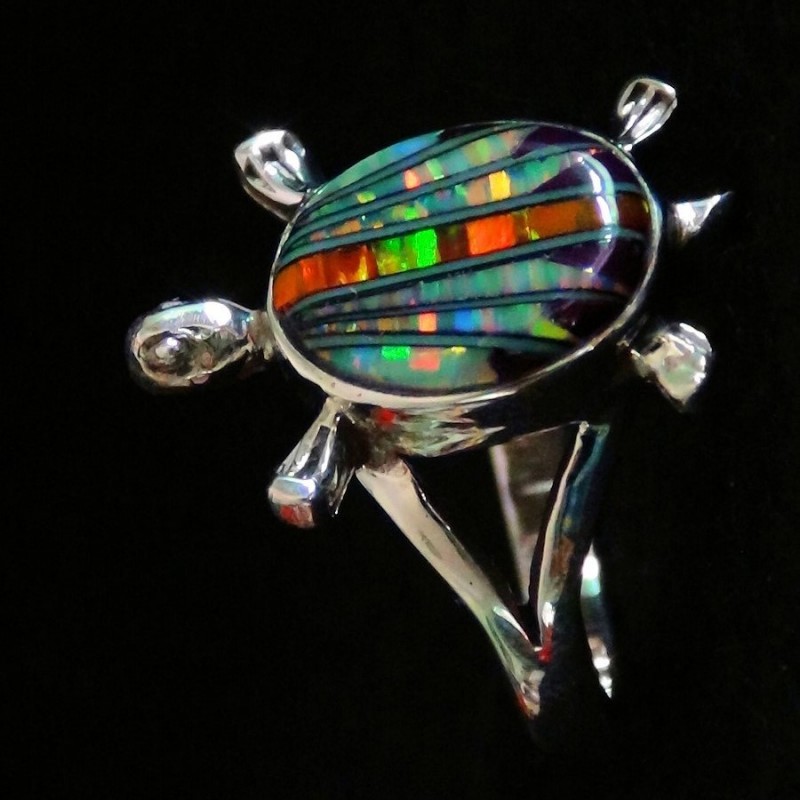 Anillo de tortuga para mujer en plata 925 con ópalos multicolores