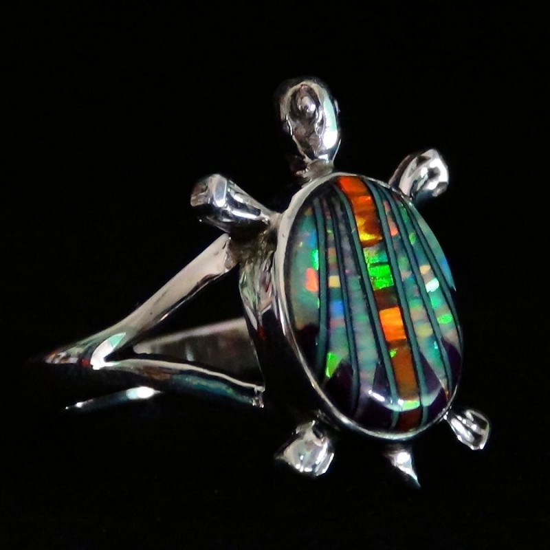 Bague Pour Femme Tortue en Argent 925 avec Opales Multicolores
