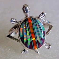 Anillo de tortuga para mujer en plata 925 con ópalos multicolores