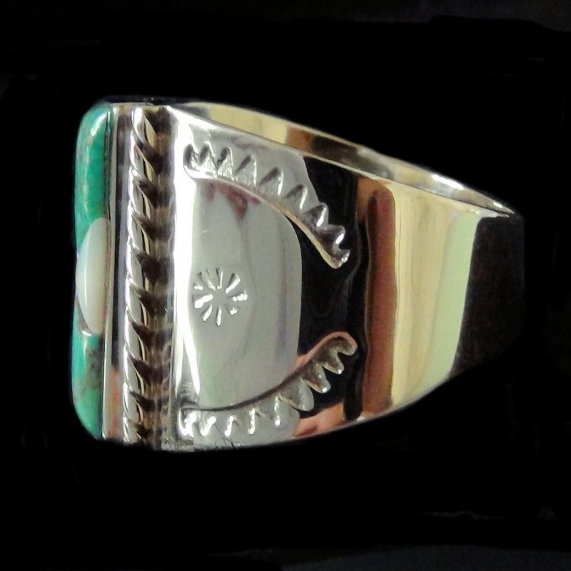 Anello Navajo rettangolare da Uomo Channel Inlay in Argento 925 Turchese e Madreperla