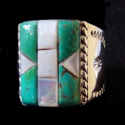 Anello Navajo rettangolare da Uomo Channel Inlay in Argento 925 Turchese e Madreperla