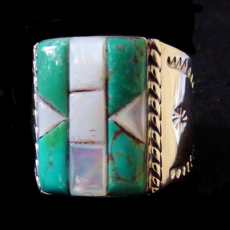 Anello Navajo rettangolare da Uomo Channel Inlay in Argento 925 Turchese e Madreperla