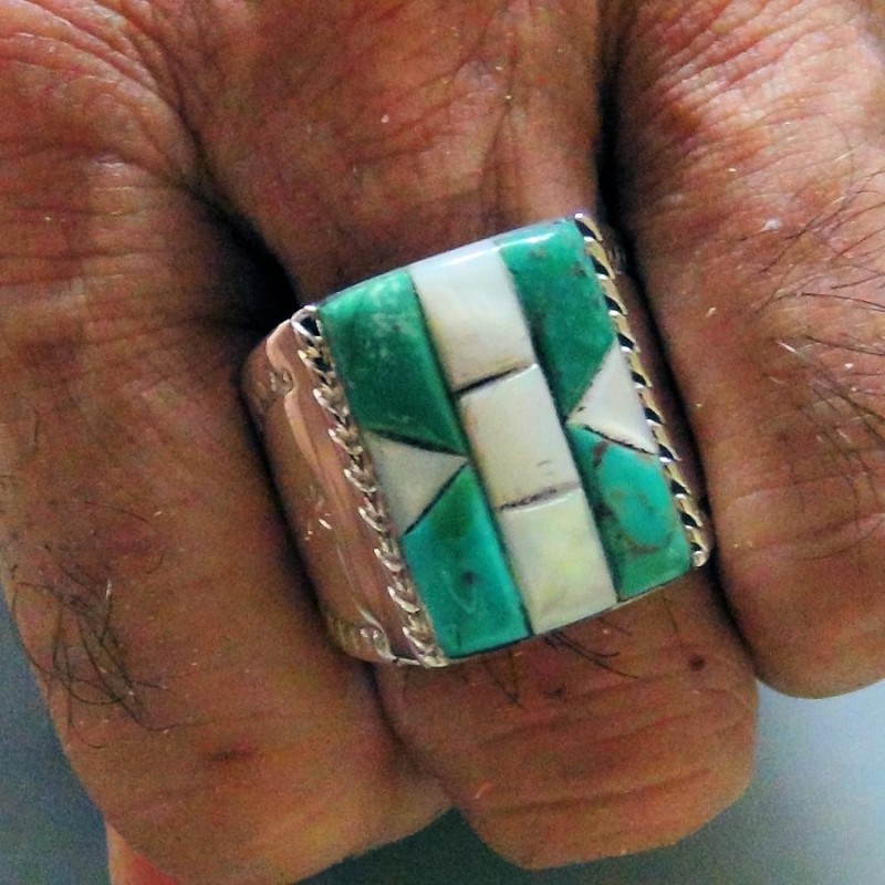 Türkis Pelmutter Rechteck Navajo Herrenring Channel Inlay 925 Silber
