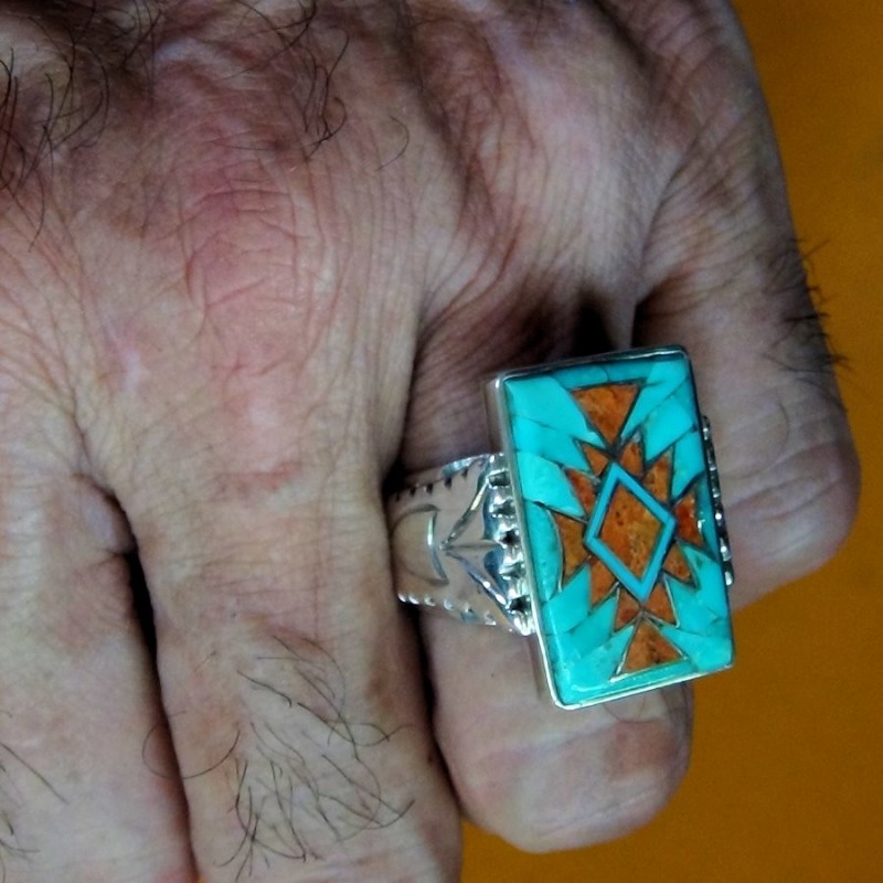Bague Navajo Argent Rectangulaire Turquoise & Corail