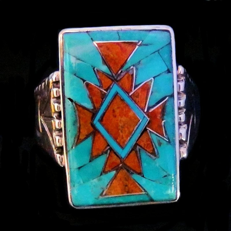 Bague Navajo Argent Rectangulaire Turquoise & Corail