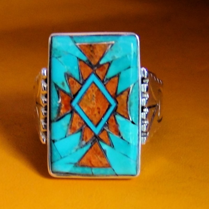 Bague Navajo Argent Rectangulaire Turquoise & Corail