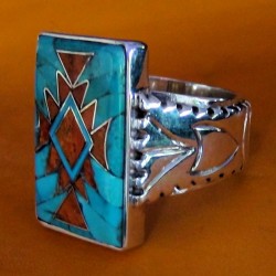 Bague Navajo Argent Rectangulaire Turquoise & Corail