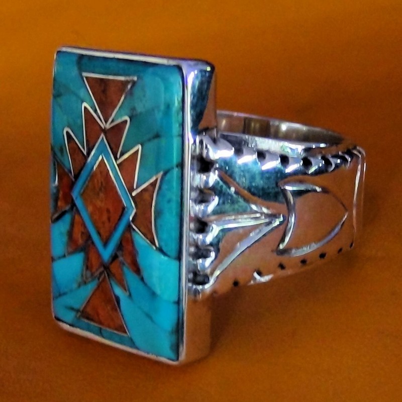 Navajo Ring Türkis & Koralle Aus Silber 925