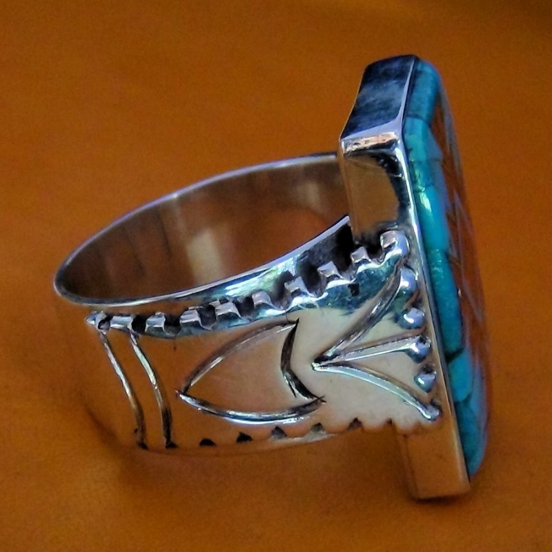 Bague Navajo Argent Rectangulaire Turquoise & Corail