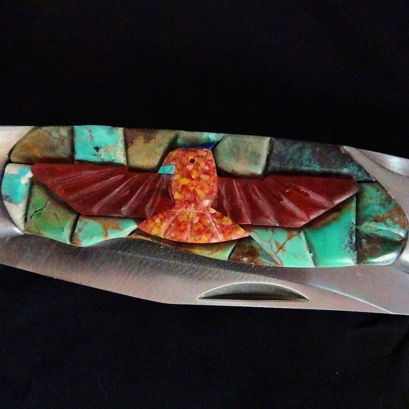 Thunderbird on Turquoise Inlay Folding Knife