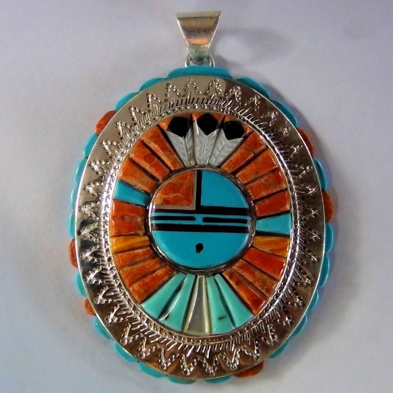 Pendentif Dieu Soleil Zuni en Argent 925 Overlay Turquoise Corail