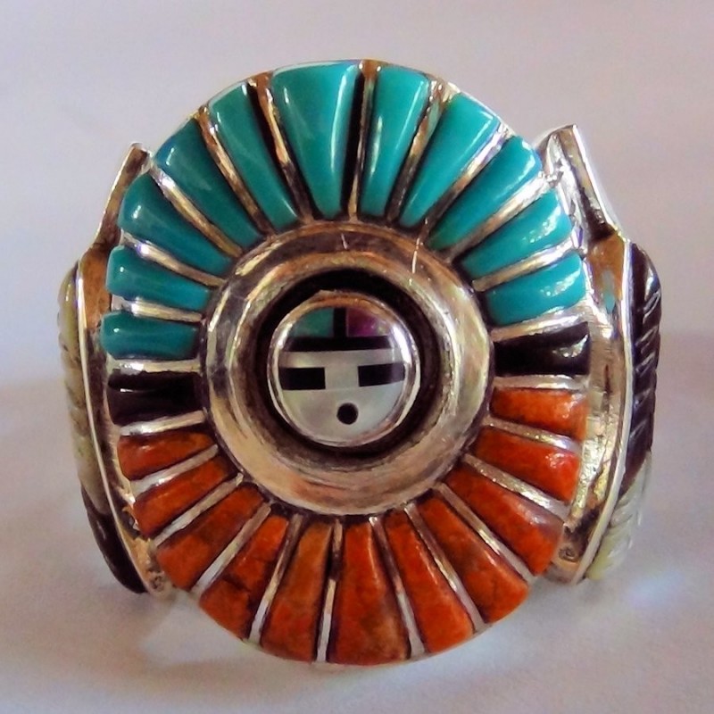 Bague Amerindienne Dieu Soleil Zuni Turquoise Corail