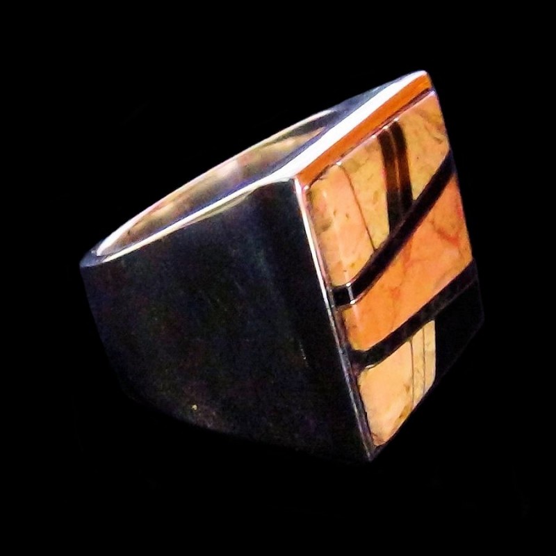 Bague Homme Navajo Rectangulaire Jeais Noir & Brun & Oeil de Tigre