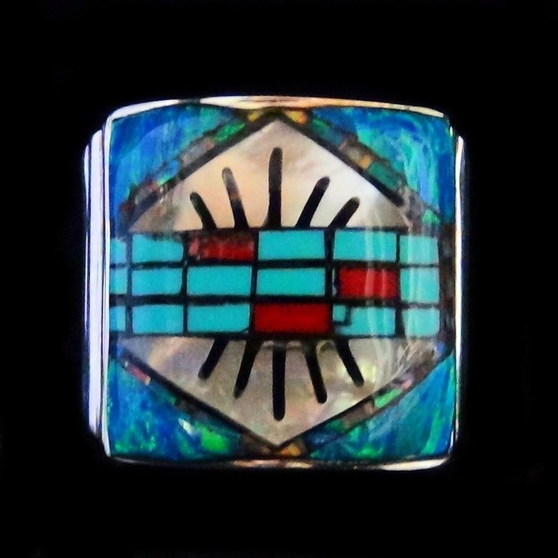 Bague Chevalière Motif Navajo Opal Bleu Turquoise & Nacre