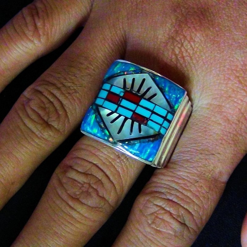 Blue Opal Navajo Pattern Sterlingsilver Ring