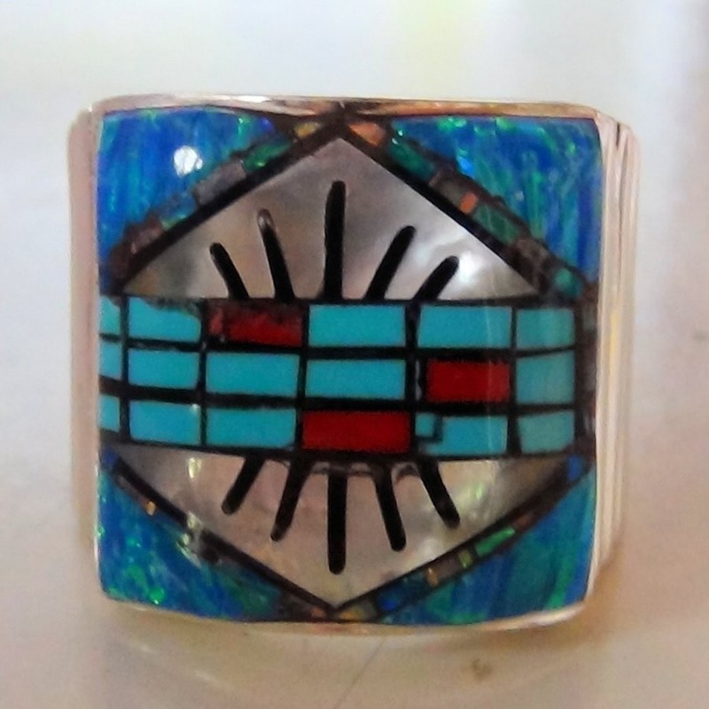 Blue Opal Navajo Pattern Sterlingsilver Ring
