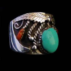 Turquoise and Red Coral Navajo Sterlingsilver Ring