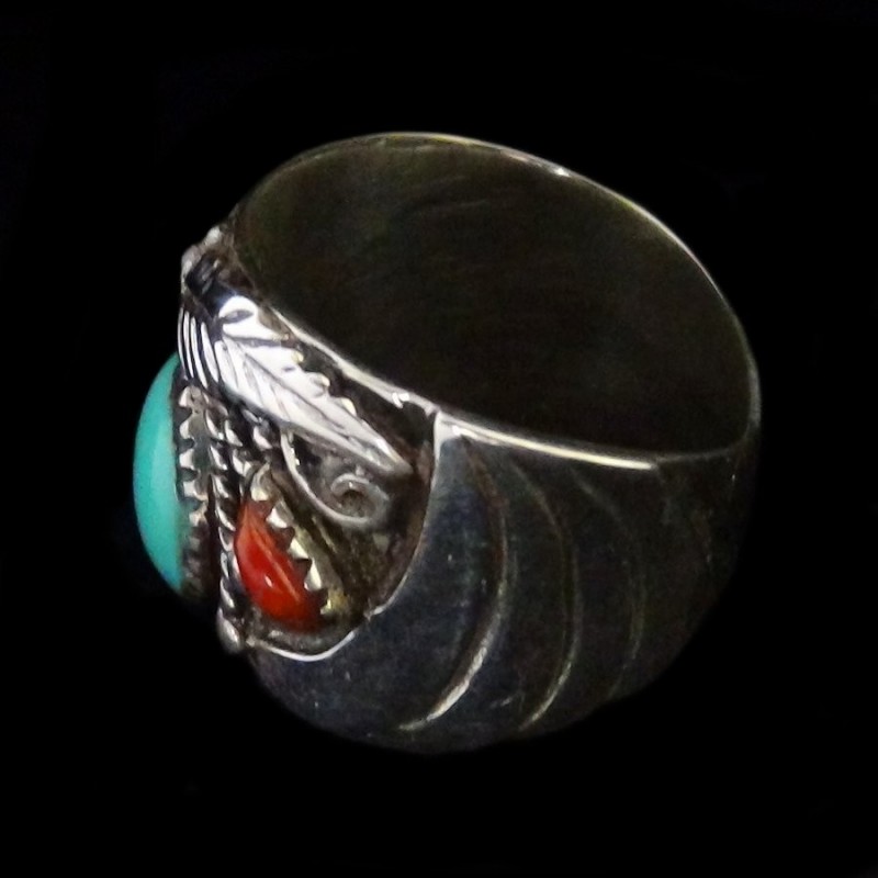 Bague Argent Navajo Turquoise et Corail