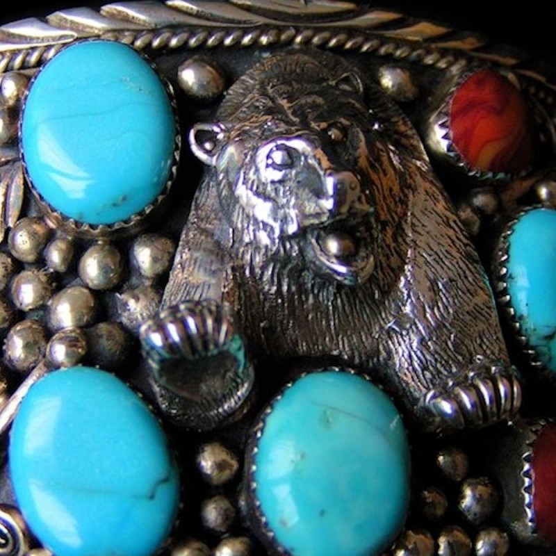 Bracelet Navajo Ours en Argent avec Cabochons de turquoise et de Corail