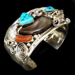 Bracelet Navajo Griffe et Ours en Argent avec Cabochons de turquoise et de Corail