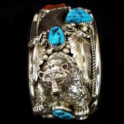 Bracciale Navajo Artiglio e Orso in argento con cabochon di turchese e corallo