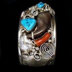 Bear Claw and Bear Sterlingsilver Bracelet With Turquoise and Coral Cabochons