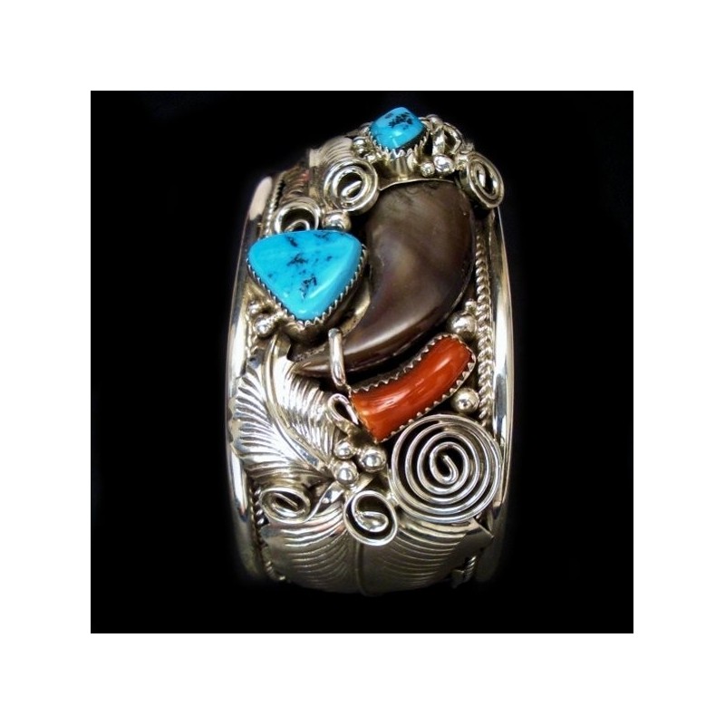 Navajo Klauen- und Bärenarmband in Silber mit Türkis- und Korallen-Cabochon