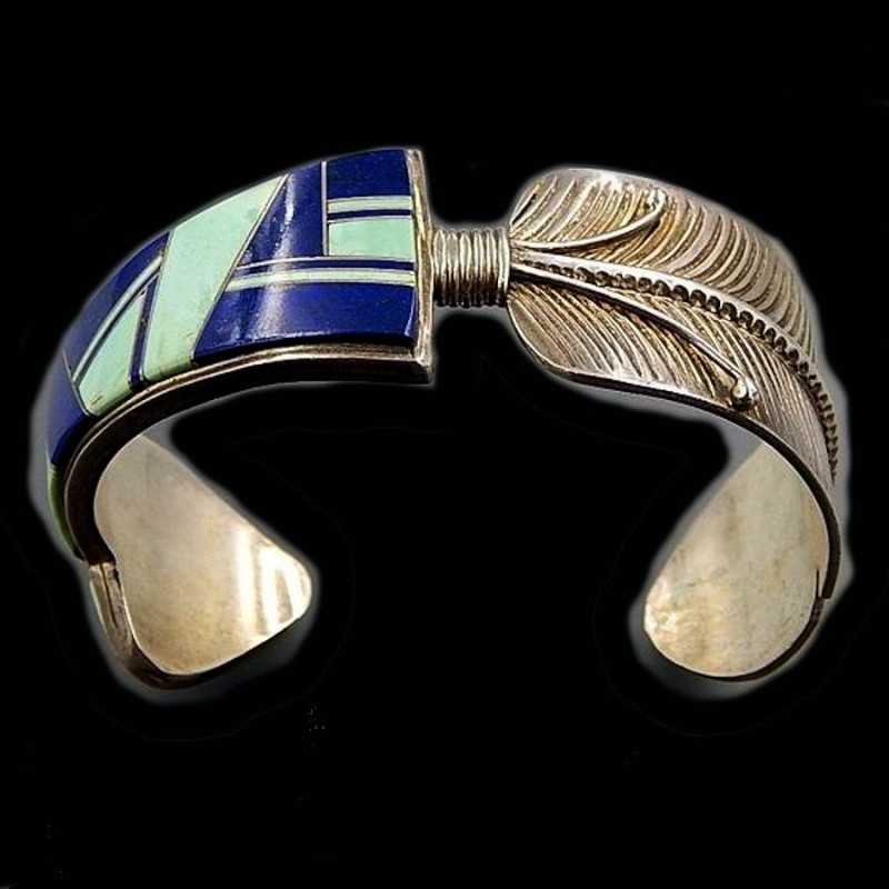 Bracelet Amérindien Plume, Inlay Turquoise et Lapis Lazuli