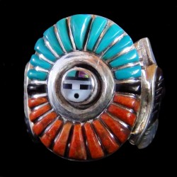 Anillo de coral turquesa de nativos americanos Sun God Zuni