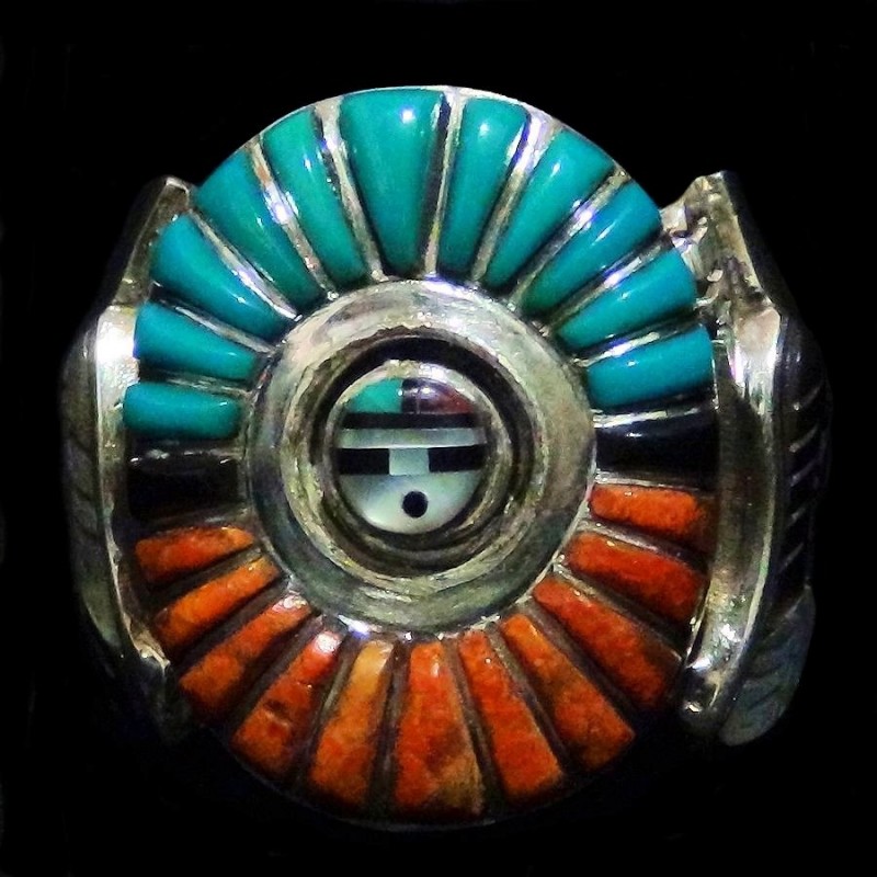 Anillo de coral turquesa de nativos americanos Sun God Zuni
