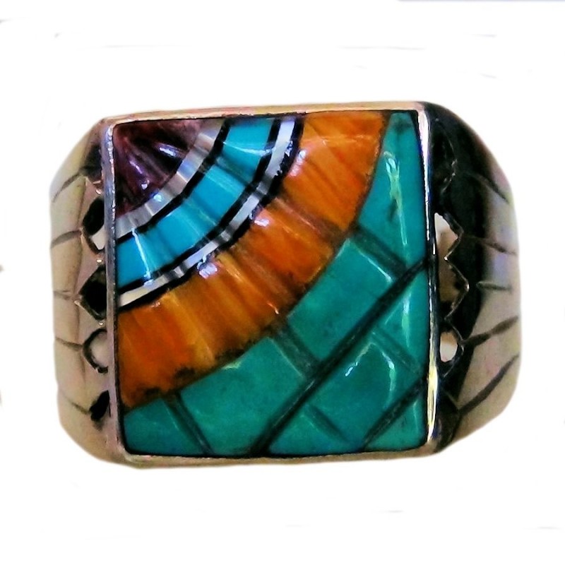 Bague Argent 925 Rectangulaire pour Homme Overlay Turquoise Corail
