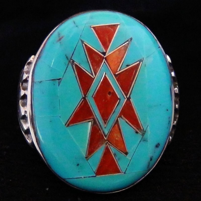 Bague Navajo Ovale Pour Homme Turquoise Corail