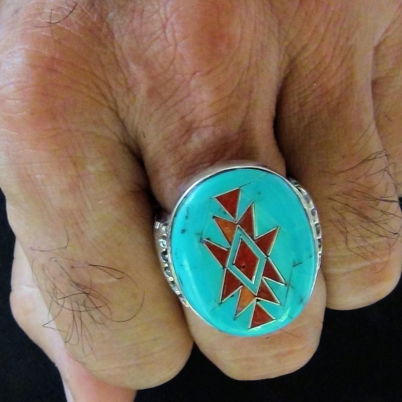 Oval Navajo Ring For Men Coral Turquoise