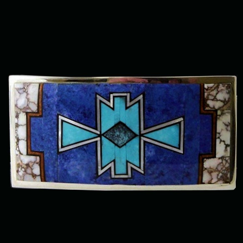 Fibbia per cintura rettangolare con motivo Navajo turchese e lapislazzuli in argento