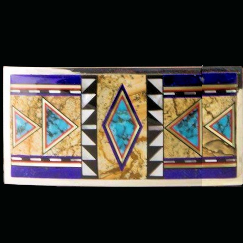 Rechteckige Gürtelschnalle Navajo Symbol Türkis, Schwarz Jeais und Lapislazuli, in 925 Silber