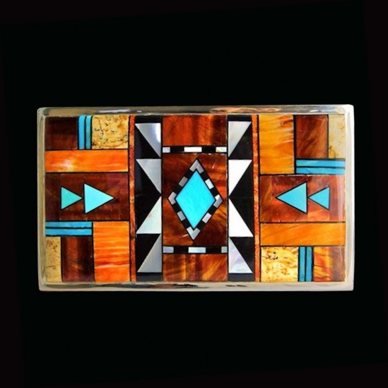 Boucle de Ceinture Rectangulaire Motif Navajo Turquoise et Spondylus en Argent