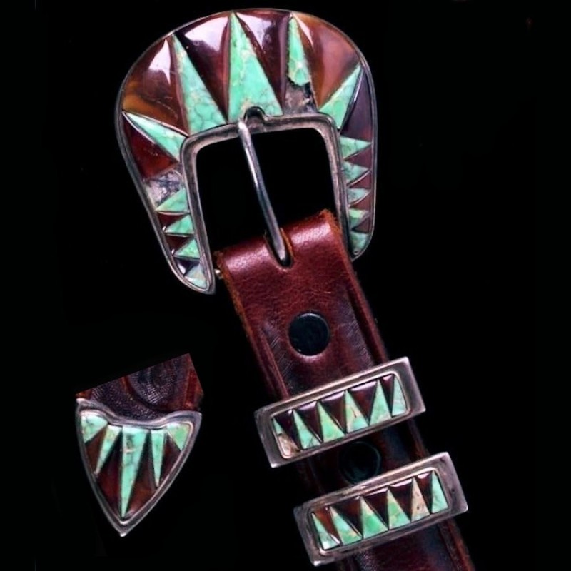 Boucle de Ceinture Ranger Overlay en Argent 925, Corne et Turquoise