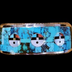 Pulsera nativa americana Sun God Zuni en plata de ley