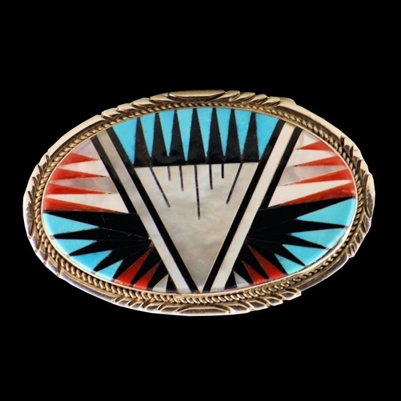 Oval Belt Buckle With Colorful finest Zuni Inlay of Turquoise, Red Coral, and Jet Stone
